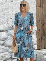 Lena | Damen Sommerkleid V-Ausschnitt Boho Stil Midi Länge – Ozeanblau