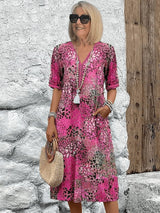 Lena | Damen Sommerkleid V-Ausschnitt Boho Stil Midi Länge – Errötendes Rosa