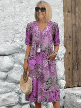 Lena | Damen Sommerkleid V-Ausschnitt Boho Stil Midi Länge – Lavendelviolett