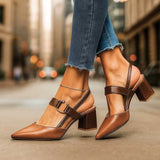 Clara | Damen Spitze T-Riemen Blockabsatz Pumps – Braun