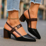 Clara | Damen Spitze T-Riemen Blockabsatz Pumps – Schwarz