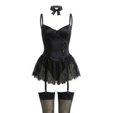 Johanna | Damen Spitzen-Rüschen Bustier Body mit Strumpfhalter-Riemen – Schwarz