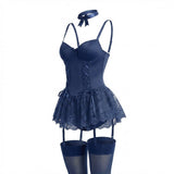 Johanna | Damen Spitzen-Rüschen Bustier Body mit Strumpfhalter-Riemen – Marine