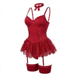 Johanna | Damen Spitzen-Rüschen Bustier Body mit Strumpfhalter-Riemen – Burgund