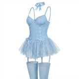Johanna | Damen Spitzen-Rüschen Bustier Body mit Strumpfhalter-Riemen – Babyblau