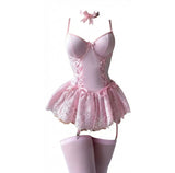 Johanna | Damen Spitzen-Rüschen Bustier Body mit Strumpfhalter-Riemen – Rosa