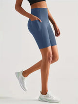 Damen Sport-Leggings Shorts mit Tasche – Retro Blau