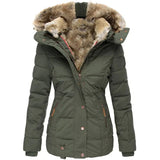 Damen Steppjacke mit Kunstfell-Kapuze und Reißverschluss – Grün