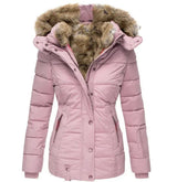 Damen Steppjacke mit Kunstfell-Kapuze und Reißverschluss – Rosa