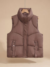 Nora | Damen Steppweste Bodywarmer mit hohem Stehkragen und Zierriemen – Braun