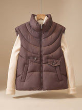 Greta | Damen Steppweste Bodywarmer mit Stehkragen und Multifunktionstaschen – Braun