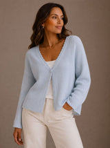 Elisabeth | Damen Strick-Cardigan V-Ausschnitt Einknopf Wellenkante – Blau