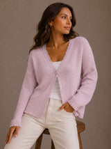 Elisabeth | Damen Strick-Cardigan V-Ausschnitt Einknopf Wellenkante – Rosa