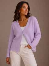Elisabeth | Damen Strick-Cardigan V-Ausschnitt Einknopf Wellenkante – Lila
