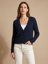 Elisabeth | Damen Strick-Cardigan V-Ausschnitt Einknopf Wellenkante – Marineblau