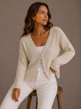 Elisabeth | Damen Strick-Cardigan V-Ausschnitt Einknopf Wellenkante – Beige