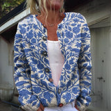 Renate | Damen Florale Strickjacke mit Knöpfen – Blau