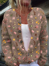 Renate | Damen Florale Strickjacke mit Knöpfen – Braun