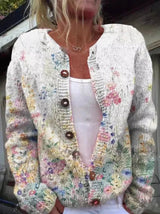 Renate | Damen Florale Strickjacke mit Knöpfen – Weiß