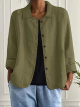 Marie | Damen Strickjacke leichte Baumwoll-Leinen Hemd-Cardigan mit Knöpfen – Olivgrün