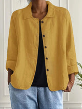Marie | Damen Strickjacke leichte Baumwoll-Leinen Hemd-Cardigan mit Knöpfen – Gelb