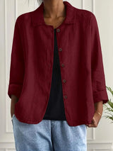 Marie | Damen Strickjacke leichte Baumwoll-Leinen Hemd-Cardigan mit Knöpfen – Dunkelrot