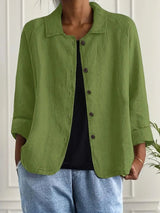 Marie | Damen Strickjacke leichte Baumwoll-Leinen Hemd-Cardigan mit Knöpfen – Grün