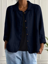 Marie | Damen Strickjacke leichte Baumwoll-Leinen Hemd-Cardigan mit Knöpfen – Dunkelblau