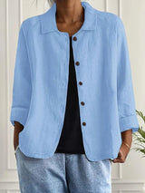 Marie | Damen Strickjacke leichte Baumwoll-Leinen Hemd-Cardigan mit Knöpfen – Hellblau