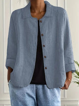 Marie | Damen Strickjacke leichte Baumwoll-Leinen Hemd-Cardigan mit Knöpfen – Blau