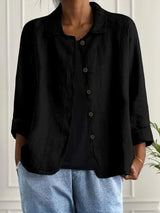 Marie | Damen Strickjacke leichte Baumwoll-Leinen Hemd-Cardigan mit Knöpfen – Schwarz