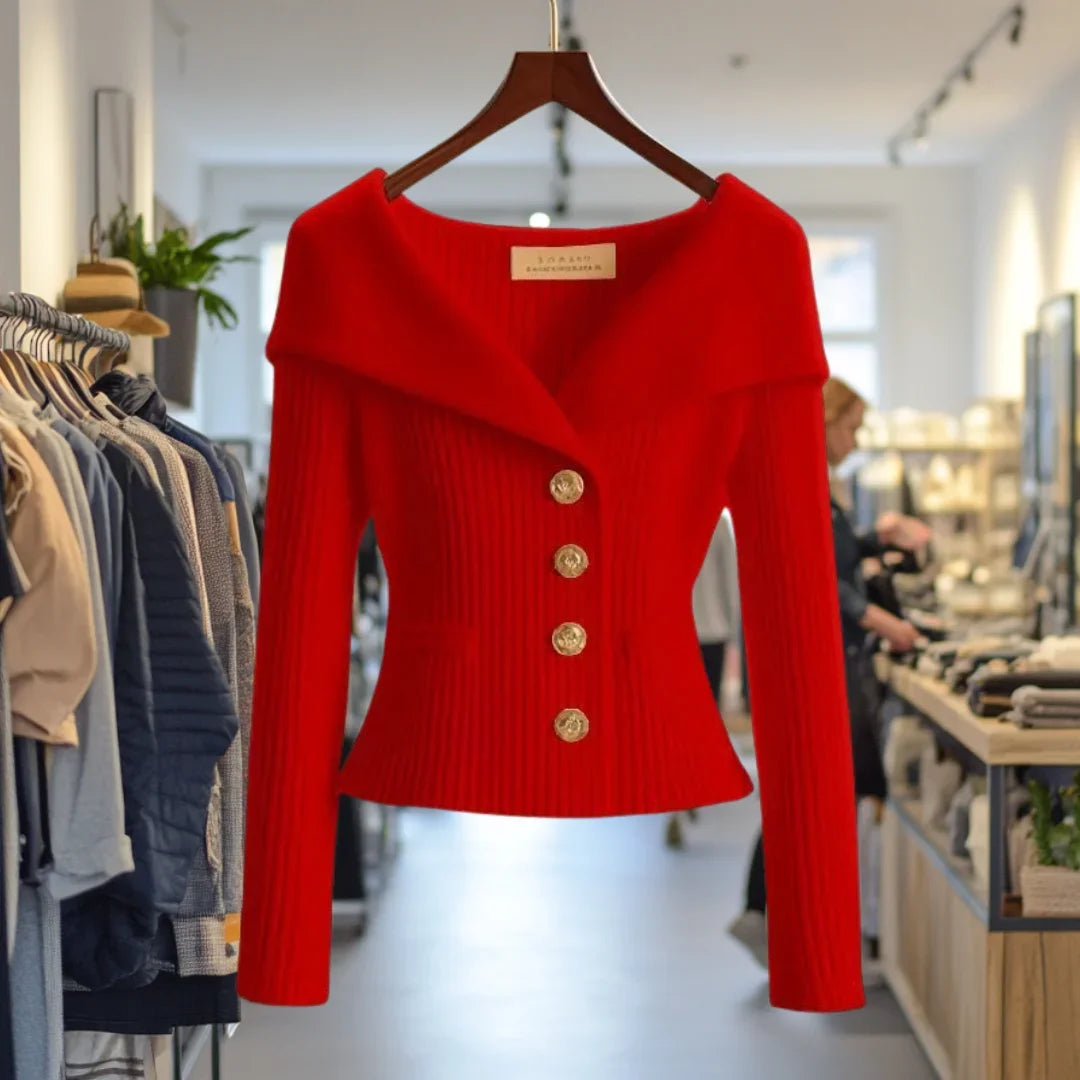 Damen Strickjacke mit breitem Kragen und Knöpfen