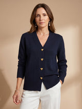 Katharina | Damen Strickjacke V-Ausschnitt Langarm Cardigan Goldene Herz-Knöpfe – Schwarz