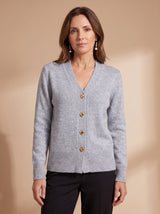 Katharina | Damen Strickjacke V-Ausschnitt Langarm Cardigan Goldene Herz-Knöpfe – Grau