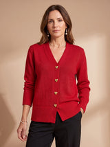 Katharina | Damen Strickjacke V-Ausschnitt Langarm Cardigan Goldene Herz-Knöpfe – Rot