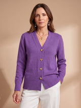 Katharina | Damen Strickjacke V-Ausschnitt Langarm Cardigan Goldene Herz-Knöpfe – Lila