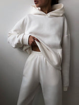 Amelie | Damen Strickpullover Hoodie Jogginghose Zweiteiler Loungewear Set – Weiß