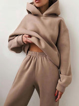 Amelie | Damen Strickpullover Hoodie Jogginghose Zweiteiler Loungewear Set – Braun
