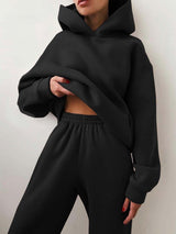 Amelie | Damen Strickpullover Hoodie Jogginghose Zweiteiler Loungewear Set – Schwarz