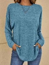 Mia | Damen Strickpullover Langarm Rundhals Waffle-Knit Oversized – Blau