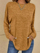 Mia | Damen Strickpullover Langarm Rundhals Waffle-Knit Oversized – Khaki