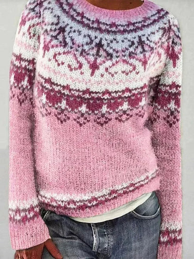 Damen Strickpullover mit Rundhalsausschnitt und Norwegermuster
