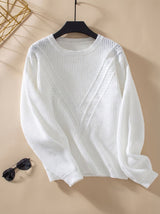 Lena | Damen Strickpullover Rundhals Strukturmuster Langarm – Weiß