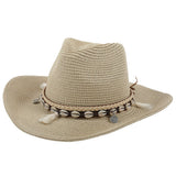 Damen Strohhut Boho Sommerhut mit Muscheln – Beige