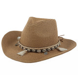 Damen Strohhut Boho Sommerhut mit Muscheln – Khaki