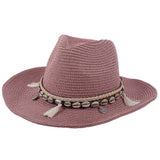 Damen Strohhut Boho Sommerhut mit Muscheln – Lila
