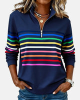Greta | Damen Sweatshirt Gestreift Reißverschluss Regenbogen – Marineblau