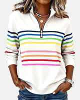 Greta | Damen Sweatshirt Gestreift Reißverschluss Regenbogen – Weiß