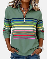 Greta | Damen Sweatshirt Gestreift Reißverschluss Regenbogen – Grün