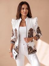Amelie | Damen Taillierte Blazer-Jacke mit Rüschenärmeln Grafik-Print Reißverschluss – Weiß